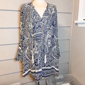 UMGEE blue white paisley bell sleeve dress small